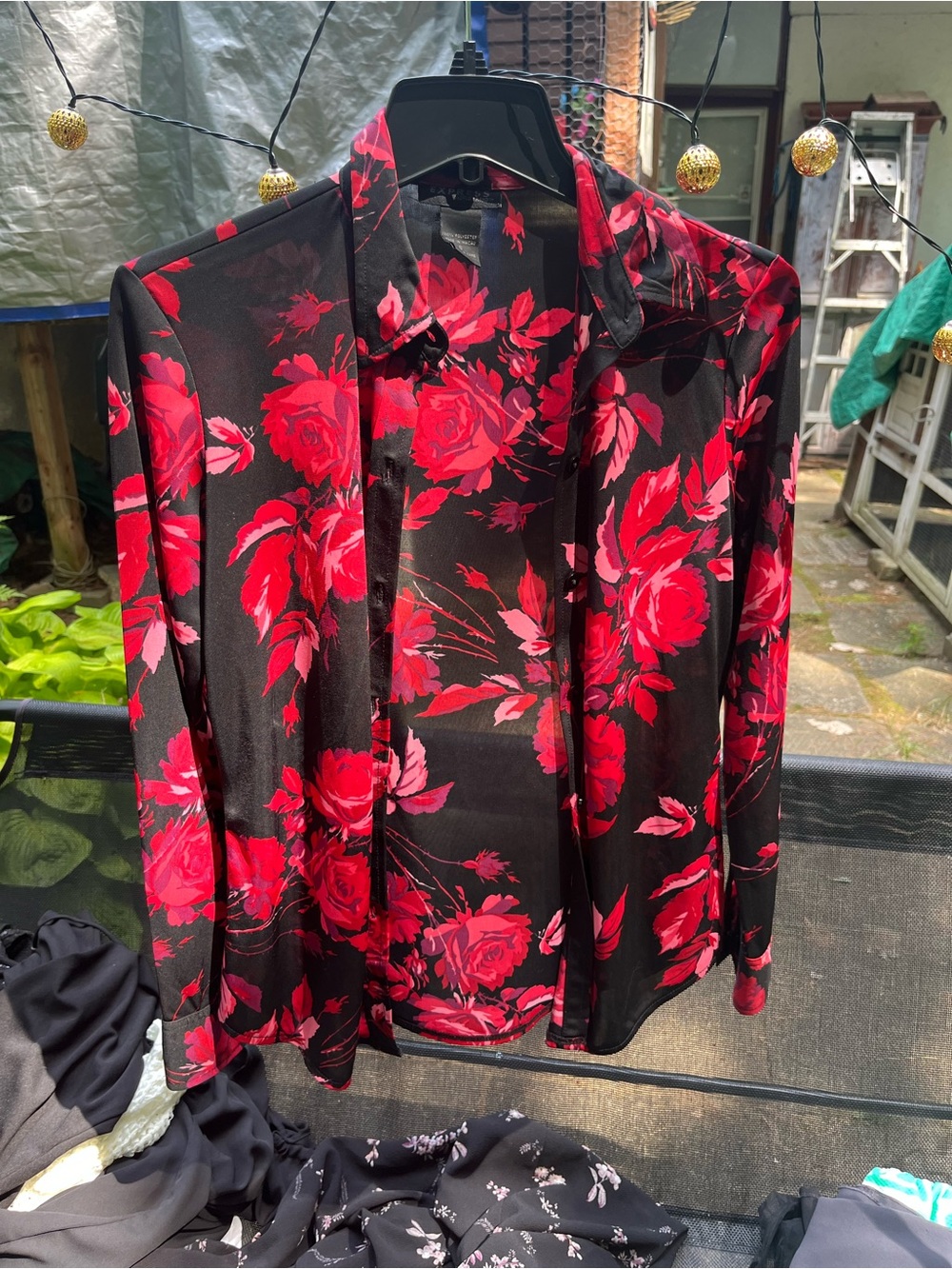 Black Sheer Blouse with Red Floral Print